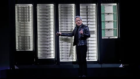 Nvidia CEO Jensen Huang delivers a speech during the Computex 2026 exhibition in Taipei, Taiwan, Monday, June 1, 2026. 