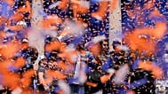 Players celebrate during the New York Knicks' NBA championship parade in New York, 18 June, 2026