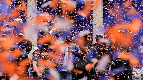 Players celebrate during the New York Knicks' NBA championship parade in New York, 18 June, 2026