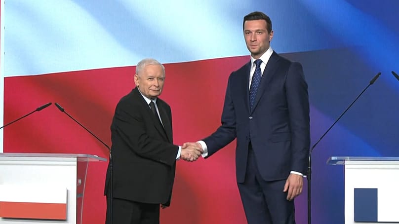 Jarosław Kaczyński e Jordan Bardella dopo la conferenza stampa congiunta del 19 giugno 2026.