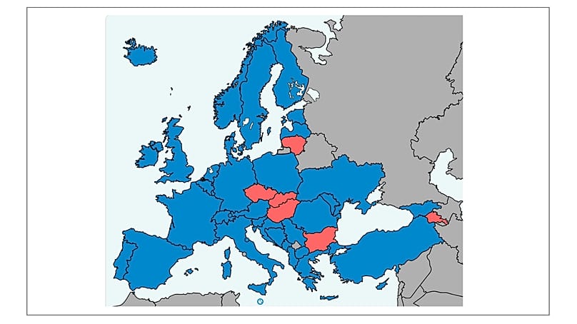 Az egyezményt ratifikáló és aláíró államok térképe