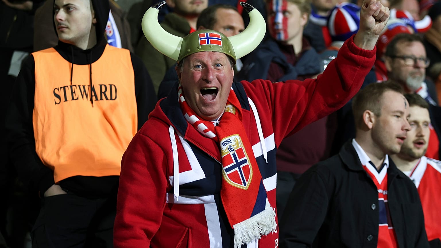 A Norway fan cheers during a Group I, World Cup qualifier soccer match between Moldova and Norway at the Zimbru stadium in Chisinau, Moldova, Saturday, March 22, 2025.