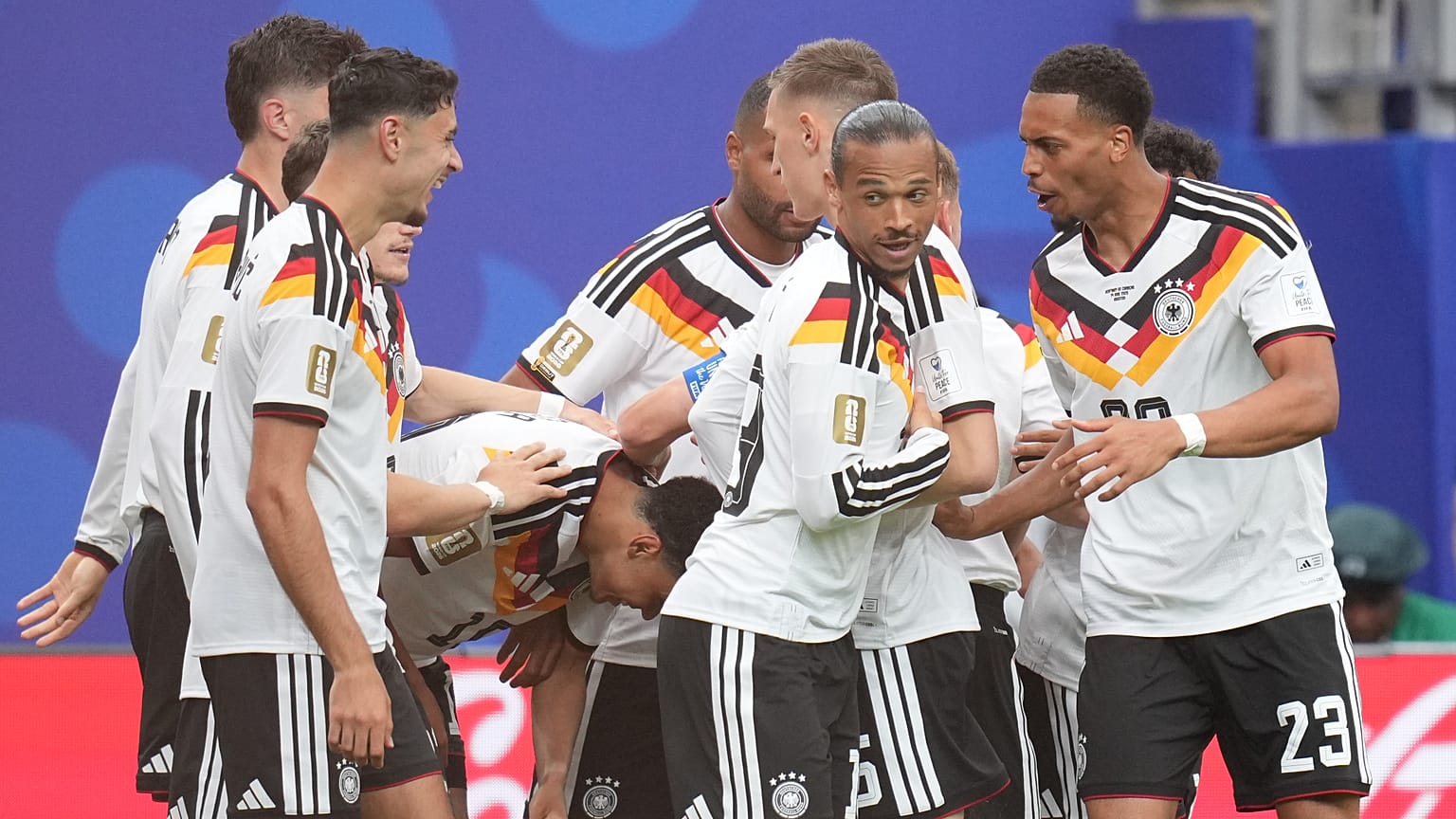 German players celebrate after scoring during the World Cup Group E soccer match between Germany and Curacao in Houston, Sunday, June 14, 2026. (AP Photo/Eric Gay)