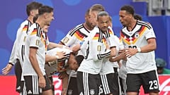German players celebrate after scoring during the World Cup Group E soccer match between Germany and Curacao in Houston, Sunday, June 14, 2026. (AP Photo/Eric Gay)