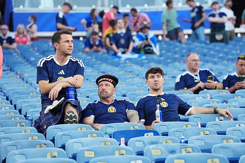 Scotland fans sit in the stands after the World Cup Group C soccer match between Scotland and Morocco in Foxborough, Mass., near Boston, Friday, June 19, 2026.