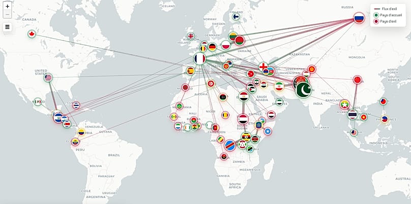 RSF’nin yayımladığı harita, 2025’te sürgüne zorlanan gazetecilerin ayrıldığı ülkeleri, sığındıkları noktaları ve bu iki ülke arasındaki sürgün rotalarını gösteriyor.