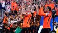 Netherlands' Virgil van Dijk, right, and his teammates celebrate at the the end of the World Cup match against Sweden in Houston, Saturday, June 20, 2026. 