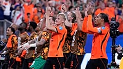 Netherlands' Virgil van Dijk, right, and his teammates celebrate at the the end of the World Cup match against Sweden in Houston, Saturday, June 20, 2026. 