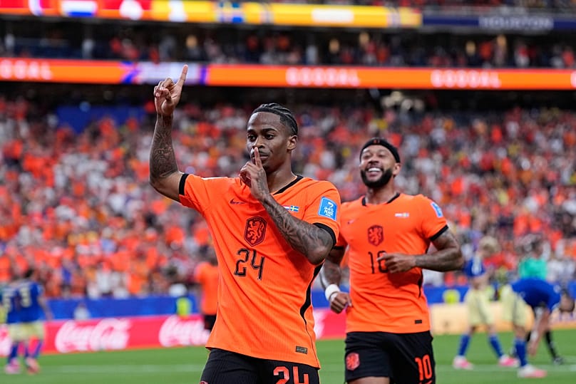 Netherlands' Crysencio Summerville celebrates after scoring his side's fifth goal during the World Cup match between against Sweden in Houston, Saturday, June 20, 2026. 