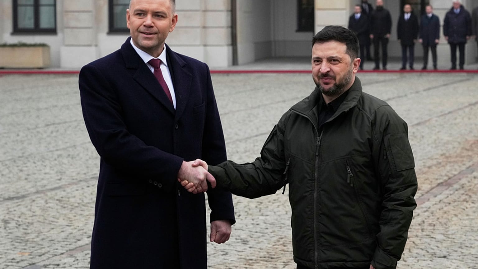 Polish President Karol Nawrocki, left, and Ukrainian President Volodymyr Zelensky before their meeting in Warsaw, Poland, on Friday 19 December 2025.