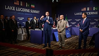 US Vice President JD Vance speaks prior to a quadrilateral meeting between the United States, Iran, Pakistan and Qatar at Lake Lucerne, Switzerland, Sunday June 21, 2026.