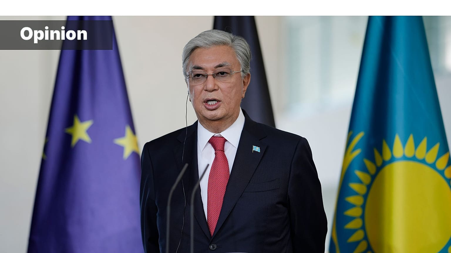 Kazakh President Kassym-Jomart Tokayev in Berlin, Germany, Thursday, Sept. 28, 2023. (AP Photo/Markus Schreiber)