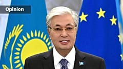 Kazakh President Kassym-Jomart Tokayev in Berlin, Germany, Thursday, Sept. 28, 2023. (AP Photo/Markus Schreiber)