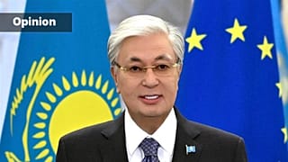 Kazakh President Kassym-Jomart Tokayev in Berlin, Germany, Thursday, Sept. 28, 2023. (AP Photo/Markus Schreiber)