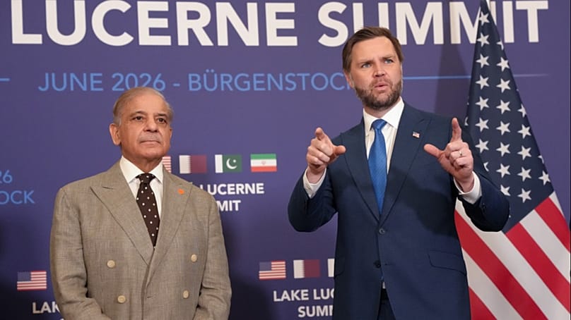 US VP Vance meets with Pakistan's Prime Minister Shehbaz Sharif, during high-level talks aimed at advancing a deal to end the war in Iran, Lucerne, Switzerland, June 21, 2026