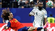 Spain's Marc Cucurella and Saudi Arabia's Feras Albrikan vie for the ball during the World Cup Group H match in Atlanta, Sunday, June 21, 2026