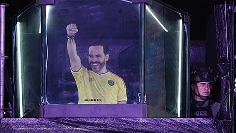 Presidential candidate Abelardo de la Espriella speaks to supporters at a celebration rally in Barranquilla, Colombia, Sunday, June 21, 2026.