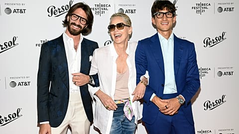 FILE. Head of retail for Luxottica Group Leonardo Maria Del Vecchio, left, posing with friends during the 20th Tribeca Festival in New York, Jun. 2021