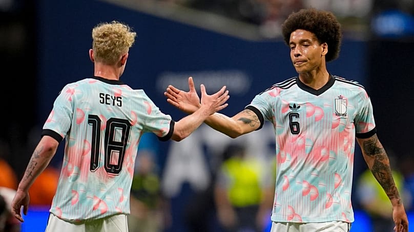Belgium's Joaquin Seys (18) and Axel Witsel celebrate after defeating the United States in an international friendly soccer match, Saturday, March 28, 2026, in Atlanta.
