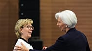 European Central Bank President Christine Lagarde talks with Commissioner for Banking Union Maria Luis Albuquerque, May 22, 2026.