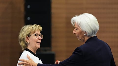 European Central Bank President Christine Lagarde talks with Commissioner for Banking Union Maria Luis Albuquerque, May 22, 2026.