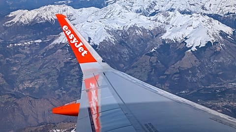 The logo of the 'easyJet' airline is seen on a wing of an airplane on a flight from Milan, Italy, to Berlin, Germany, on Monday, Feb. 23, 2026.