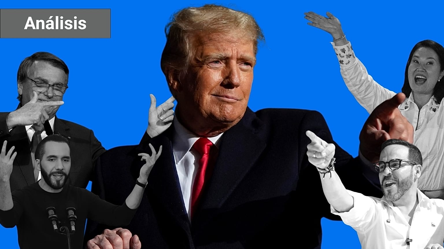 Ilustración del presidente Donald Trump rodeado por cuatro de sus aliados en las Américas: Jair Bolsonaro, Nayib Bukele, Keiko Fujimori y Abelardo de la Espriella