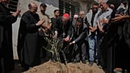 بطريرك القدس للاتين الكاردينال بييرباتيستا بيتسابالا يزرع شجرة زيتون خلال زيارته إلى جامعة الأزهر في مدينة غزة، في 22 يونيو 2026.