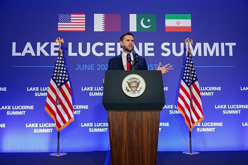 VP JD Vance speaks to members of the media after the US and Iran held high-level talks at the Bürgenstock Resort, near Lucerne, in Switzerland, Monday, June 22, 2026