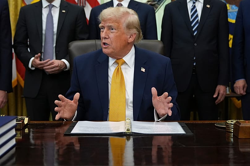 US President Donald Trump speaks in the Oval Office of the White House during an executive order signing about quantum computing, Monday, June 22, 2026, in Washington