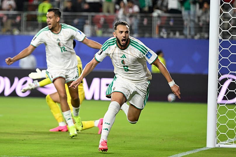 Algeria's Amine Gouiri celebrates after scoring his side's second goal against Jordan during the World Cup Group J match, near San Francisco, Monday, June 22, 2026