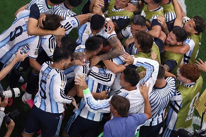 Argentina players celebrate after Lionel Messi scored their second goal during the World Cup Group J match against Austria in Arlington, Texas, Monday, June 22, 2026
