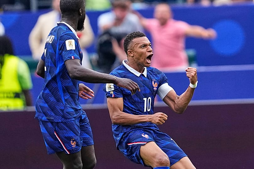 France's Kylian Mbappe celebrates after scoring his team's first goal during the World Cup Group I match against Iraq in Philadelphia, Monday, June 22, 2026