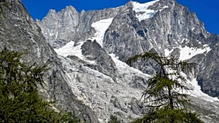 The Planpincieux glacier, located in the Alps on the Grande Jorasses peak of the Mont Blanc massif,