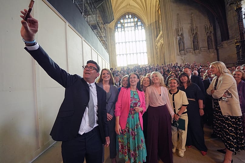Andy Burnham with colleagues from the Parliamentary Labour Party in Westminster Hall at the Houses of Parliament in central London, as he returns to the House of Commons.