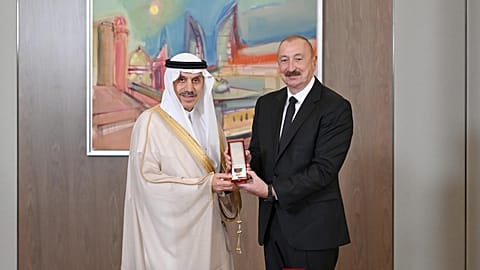 H.E. Dr. Muhammad Sulaiman Al Jasser Chairman, Islamic Development Bank (IsDB) Group with Azerbaijan's President Ilham Aliyev at their Group Annual Meetings.