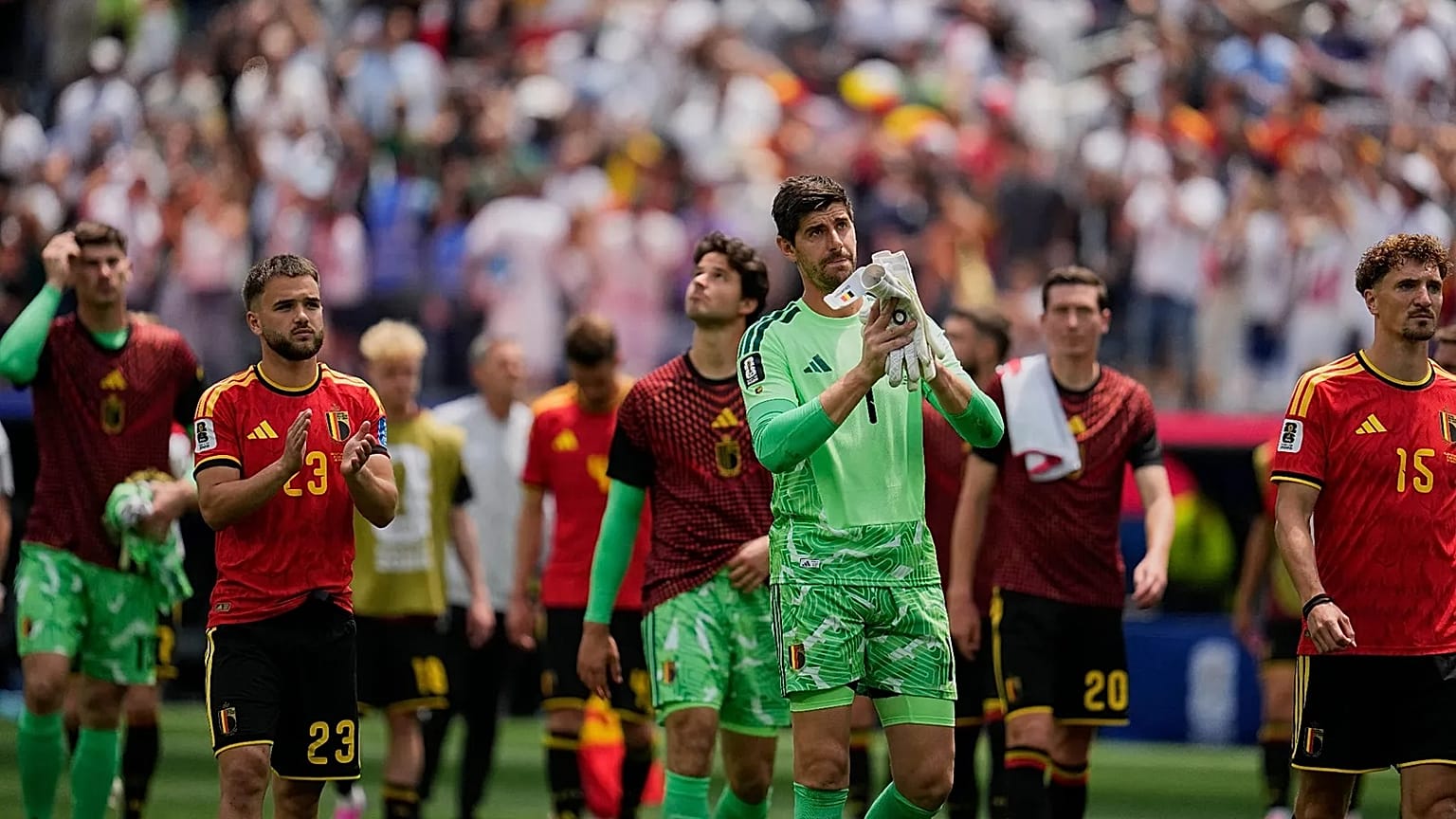 Belgium players at the end of the World Cup Group G soccer match between Belgium and Iran in Inglewood, Calif., near Los Angeles, Sunday, June 21, 2026.