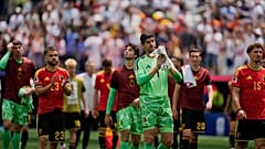 Belgium players at the end of the World Cup Group G soccer match between Belgium and Iran in Inglewood, Calif., near Los Angeles, Sunday, June 21, 2026.