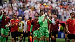Belgium players at the end of the World Cup Group G soccer match between Belgium and Iran in Inglewood, Calif., near Los Angeles, Sunday, June 21, 2026.