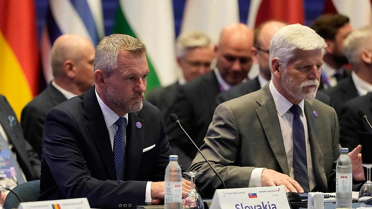 President of the Czech Republic Petr Pavel, right, and President of Slovakia Peter Pellegrini attend the plenary session at the Three Seas Summit in Dubrovnik, Croatia.