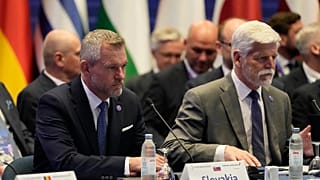 President of the Czech Republic Petr Pavel, right, and President of Slovakia Peter Pellegrini attend the plenary session at the Three Seas Summit in Dubrovnik, Croatia.