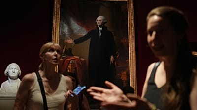 Un portrait de George Washington lors d'une exposition célébrant le 250e anniversaire des États-Unis, au château de Versailles, le lundi 22 juin 2026.