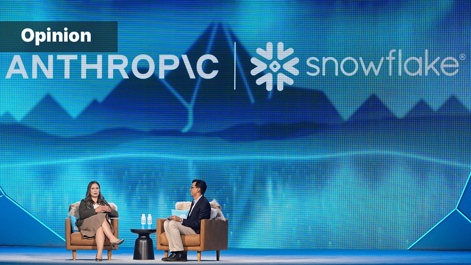Anthropic co-founder and President Daniela Amodei, speaks with Snowflake CEO Sridhar Ramaswamy during the Snowflake Summit 26 Monday, June 1, 2026, in San Francisco. (AP Photo