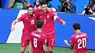 Portugal's Cristiano Ronaldo celebrates with Pedro Neto, Bruno Fernandes and Joao Cancelo  after scoring during the World Cup Group K match against Uzbekistan, June 23, 2026