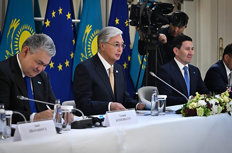 President Kassym-Zhomart Tokayev speaking at the business forum