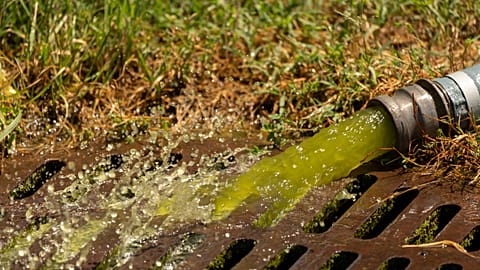 Water from a vacuum line being used by National Park Service employees to clean the Lincoln Memorial Reflecting Pool