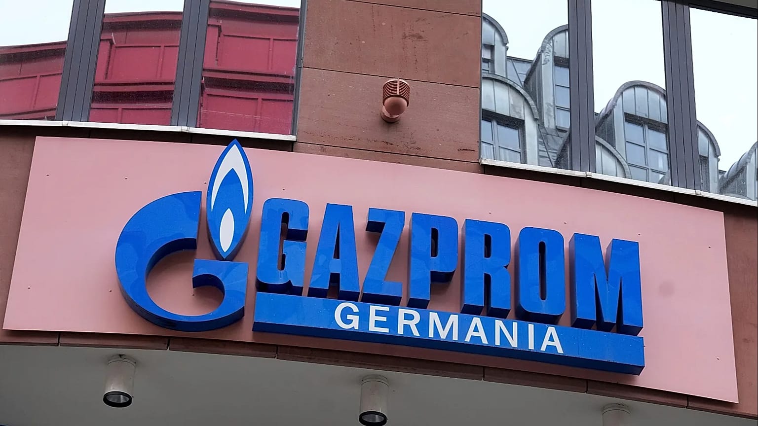 The logo of 'Gazprom Germania' is pictured at the company's headquarters in Berlin, Germany, Wednesday, April 6, 2022.