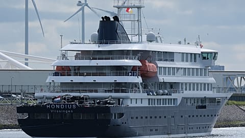 The MV Hondius cruise ship arrives at the Port of Rotterdam, Netherlands, Monday, May 18, 2026.