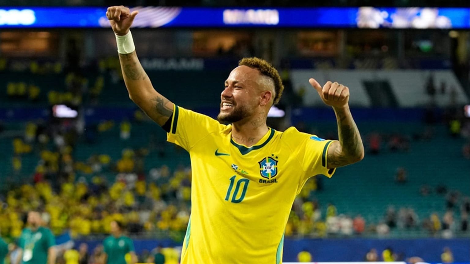 Brazil's Neymar celebrates after the World Cup Group C  match against Scotland in Miami Gardens, Florida, Wednesday, June 24, 2026