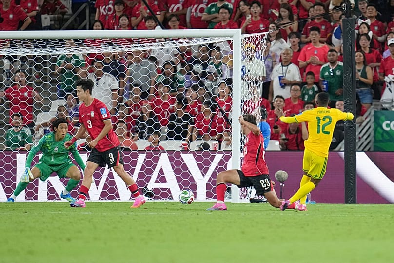 South Africa's Thapelo Maseko scores the opening goal during the World Cup Group A match against South Korea in Guadalupe, near Monterrey, Mexico, Wednesday, June 24, 2026
